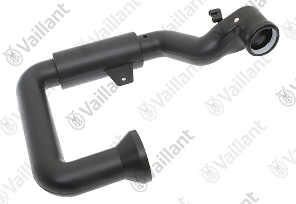 Vaillant Rohr zur Frischluftzufuhr, schwarz, mit gebogenem Verlauf und Befestigungselement, geeignet für verschiedene Heizungsanwendungen.